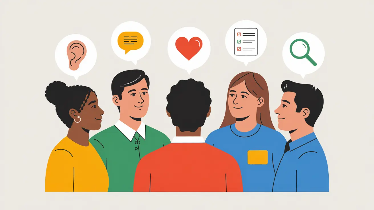 Illustration of people talking with icons showing different types of listening.