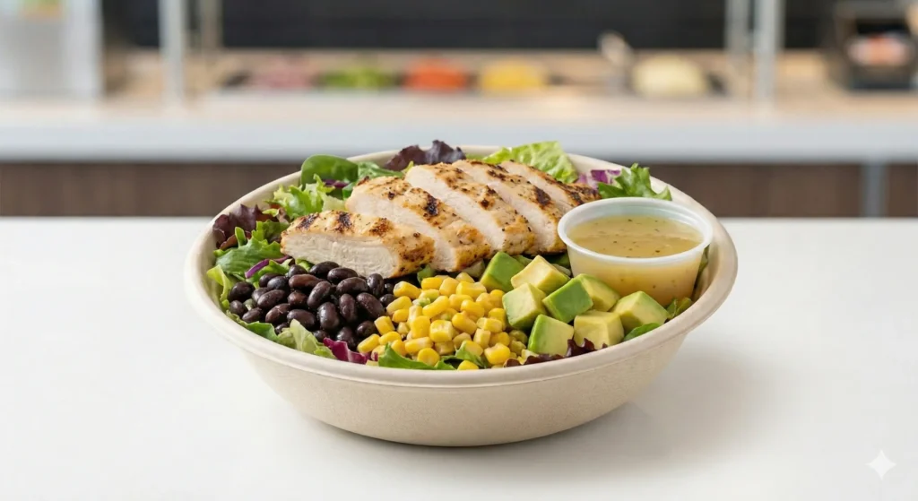 A healthy salad bowl with grilled chicken, black beans, corn, avocado, and a side of dressing on a clean counter.