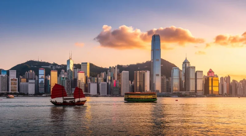 Victoria Harbour Hong Kong skyline at sunset with clear blue skies and traditional junk boat, showing perfect weather conditions for visiting