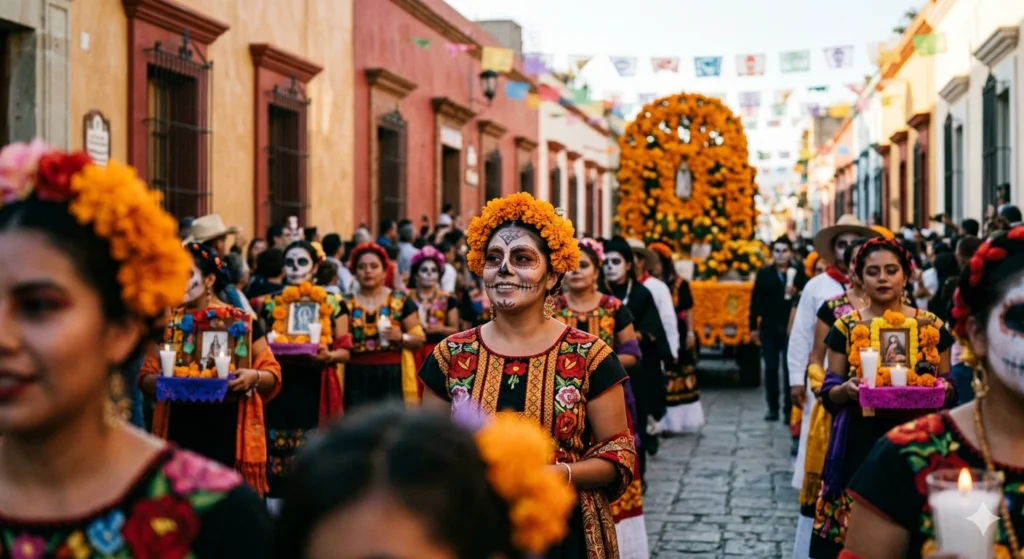 A vibrant close-up photograph of a woman with detailed "Catrina" skull face paint, wearing a crown of orange marigolds and a traditional embroidered dress, participating in a joyous Day of the Dead street procession in Oaxaca, Mexico, during November. Blurred crowds and colorful colonial buildings are in the background.