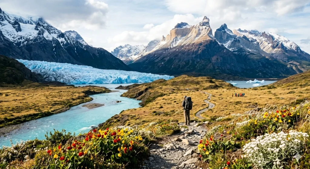 A wide-angle landscape photograph captured from a viewpoint along the Patagonia "W-Trek" hiking trail in Torres del Paine National Park, Chile. A lone trekker with a backpack overlooks a winding turquoise river, wildflowers, a distant glacier (Grey Glacier), and the iconic snowy, jagged Cuernos del Paine peaks under a bright, early November sky.
