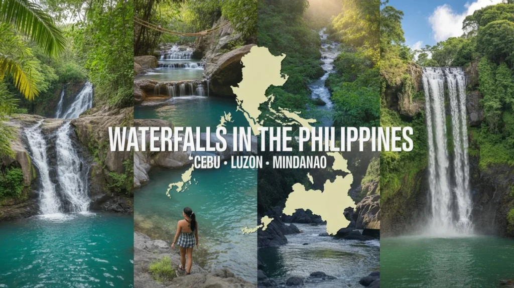 Waterfalls in the Philippines collage featuring Cebu, Luzon, and Mindanao.