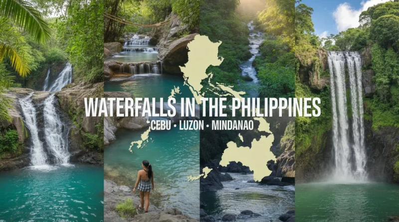 Waterfalls in the Philippines collage featuring Cebu, Luzon, and Mindanao.