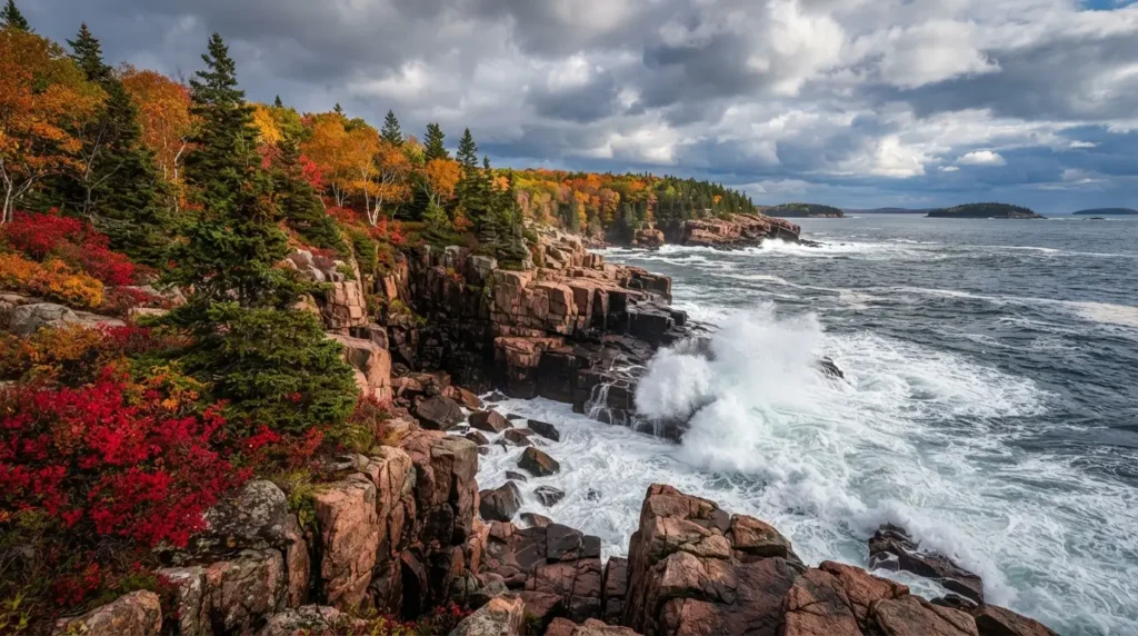 Fall foliage along the carriage roads in Acadia National Park, Maine, in October
