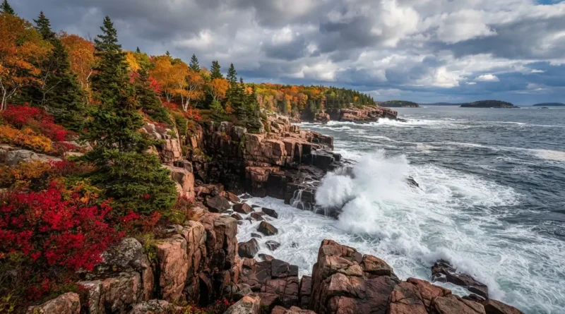 Fall foliage along the carriage roads in Acadia National Park, Maine, in October