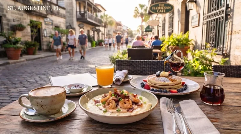 Southern style breakfast plate with biscuits and coffee at a St. Augustine Florida restaurant