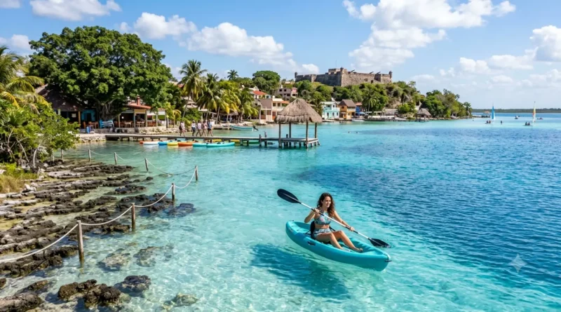 Turquoise Lagoon of Seven Colors in Bacalar, Mexico with a wooden pier and kayaks near the shore