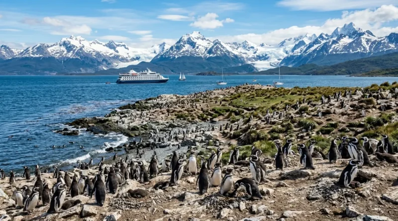 Penguin colony on Martillo Island with the Beagle Channel and snow capped mountains behind them in Ushuaia Argentina