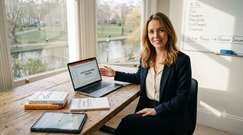 Solopreneur working on a laptop in a home office representing a lifestyle business model focused on financial freedom time freedom and location independence in 2026