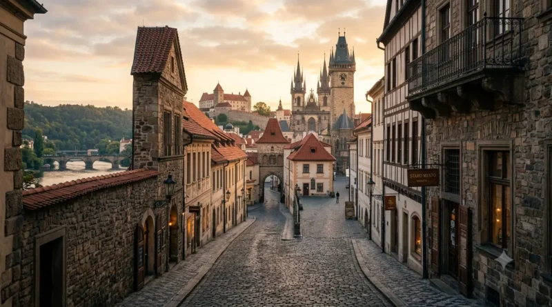 Cobblestone streets and medieval architecture in a historic old town in Europe at golden hour