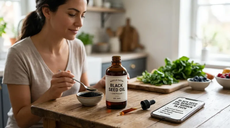 Bottle of cold-pressed black seed oil, showing key black seed oil benefits for women