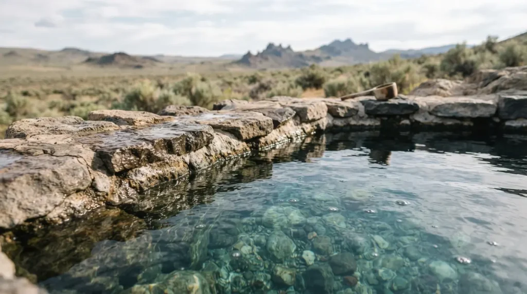 Steam rising from the stone walled developed pool at Hart Mountain Hot Springs in the Hart Mountain National Antelope Refuge, Oregon high desert
