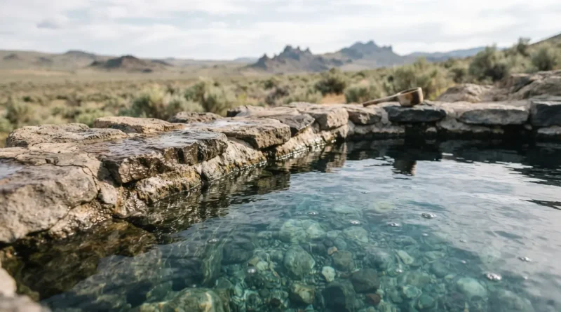Steam rising from the stone walled developed pool at Hart Mountain Hot Springs in the Hart Mountain National Antelope Refuge, Oregon high desert