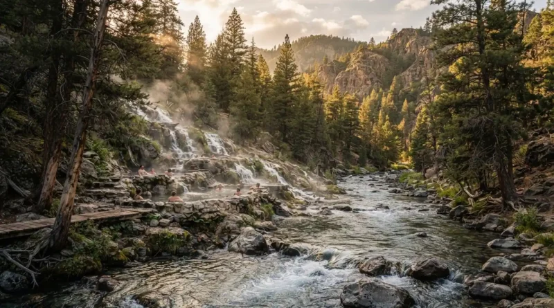 Steam rising from the hot waterfall and rock walled soaking pools at Kirkham Hot Springs along the South Fork Payette River in Boise National Forest, Idaho