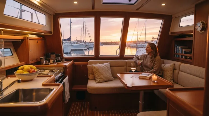 Sailboat anchored at sunset showing the liveaboard lifestyle of living on a boat