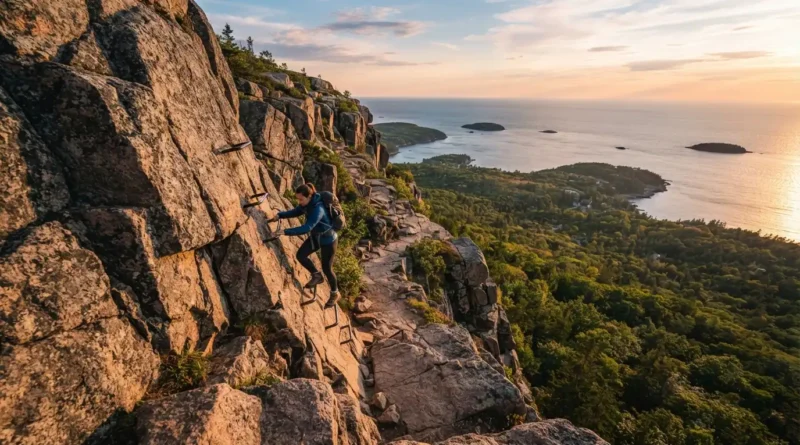Hiker climbing iron rungs on the exposed cliff face of the Precipice Trail on Champlain Mountain in Acadia National Park