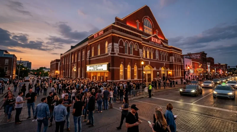 Nashville skyline at sunset with Broadway honky tonks, showing top places to visit in Nashville Tennessee