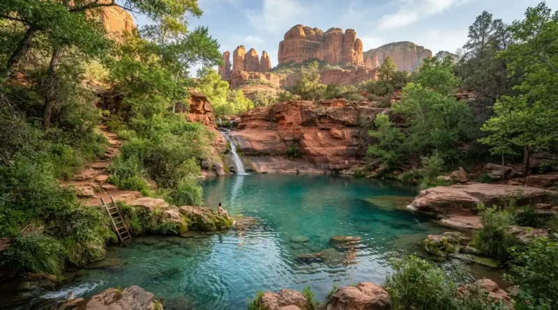 Hidden gems in Sedona showing a quiet red rock trail near Cathedral Rock at sunrise