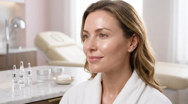Close-up of skin booster treatment microinjections being delivered into facial dermis using fine needle for hyaluronic acid hydration and collagen stimulation in 2026