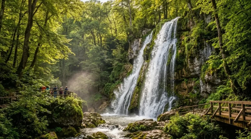 Bad Urach waterfall cascading 37 meters through the Swabian Alb forest trail