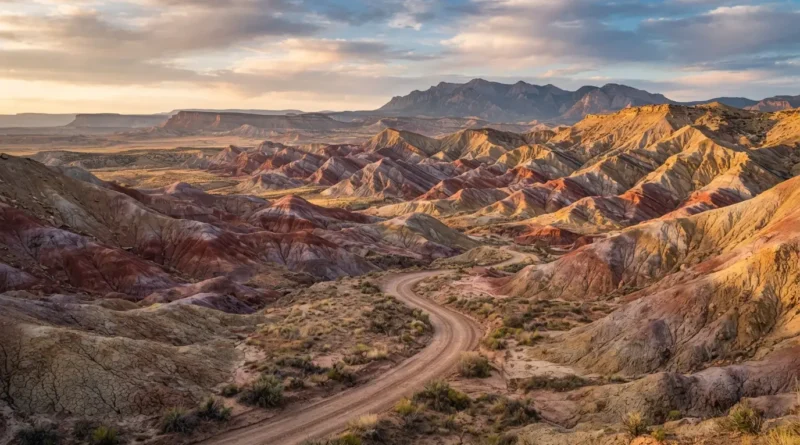 Colorful striped clay formations of the Bentonite Hills near Capitol Reef National Park in Utah at sunset