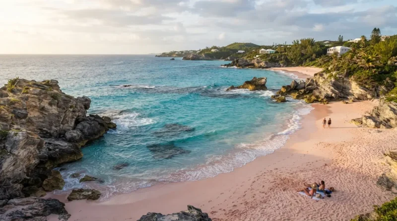 Best beaches in Bermuda pink sand shoreline with turquoise water and coral reef at Horseshoe Bay