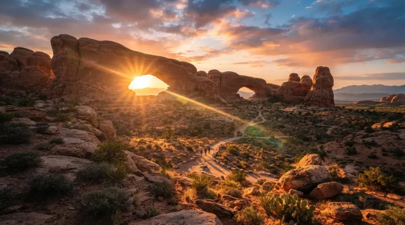 Hikers on the trail to Delicate Arch, one of the best hikes in Arches National Park, Utah
