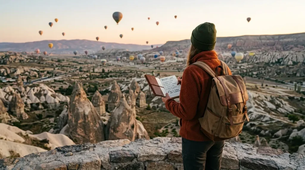 traveler planning bucket list travel itinerary with map and notebook Machu Picchu hiking trail popular bucket list travel destination overwater bungalow at sunset iconic bucket list travel experience