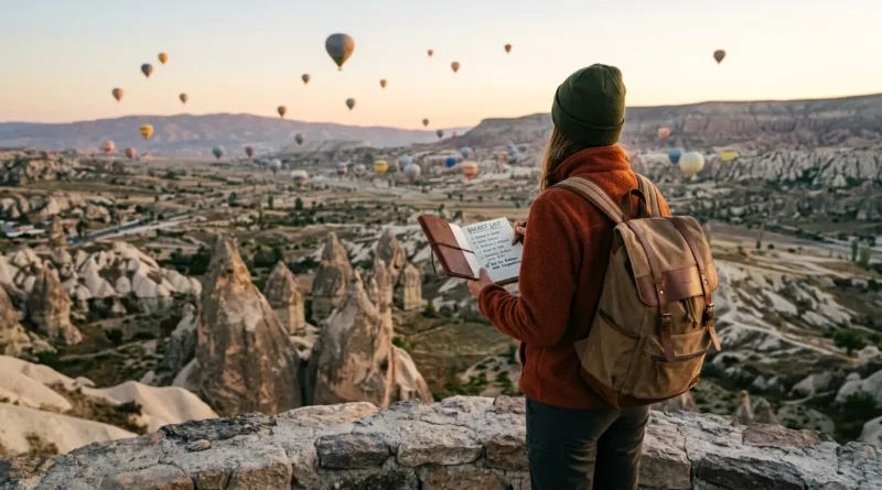 traveler planning bucket list travel itinerary with map and notebook Machu Picchu hiking trail popular bucket list travel destination overwater bungalow at sunset iconic bucket list travel experience