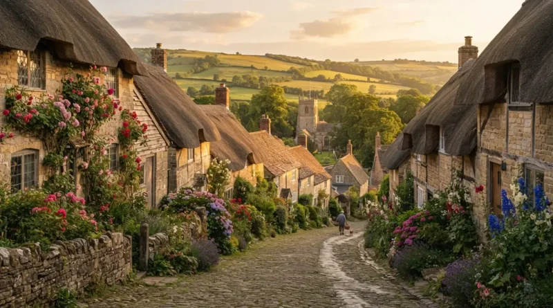 Honey-colored stone cottages lining a quiet English countryside village street in the Cotswolds