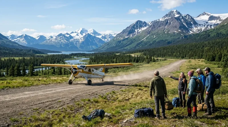 Floatplane arriving at Brooks Camp in Katmai National Park with brown bears fishing nearby