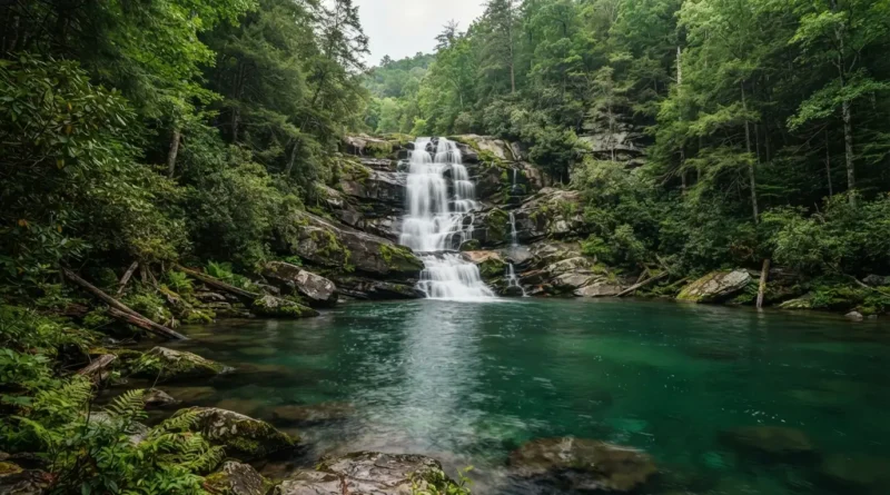 Lake Jocassee waterfalls flowing into a forested mountain cove near Devils Fork State Park in South Carolina