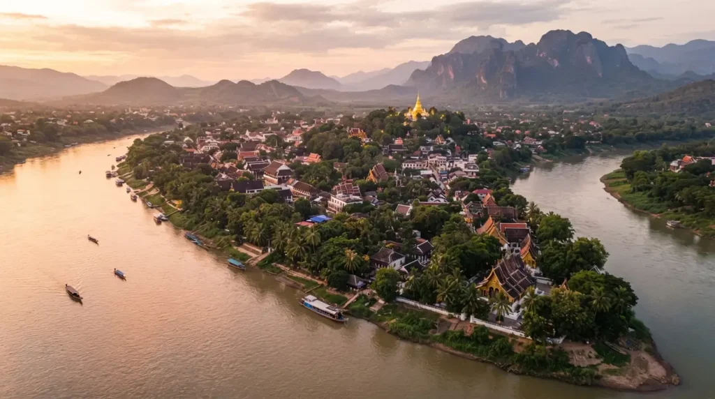 Golden stupa and traditional Lao architecture in Luang Prabang Old Town, UNESCO World Heritage site at the confluence of the Mekong and Nam Khan Rivers