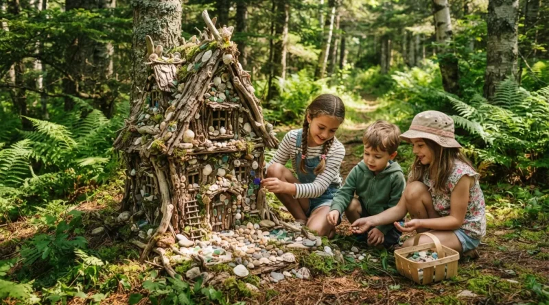 Tiny fairy house made of sticks and shells in the Mackworth Island fairy house village, Falmouth Maine