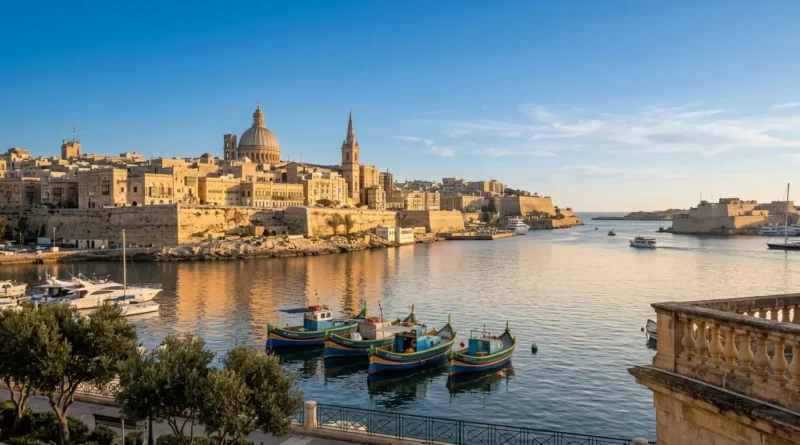 Malta in January, mild winter weather over Valletta's historic waterfront and harbor