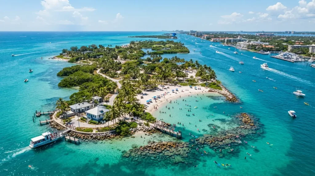 Snorkeler exploring the artificial reef and clear water near the beach on Peanut Island in Palm Beach County Florida
