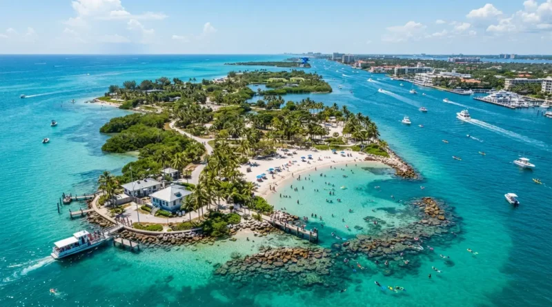 Snorkeler exploring the artificial reef and clear water near the beach on Peanut Island in Palm Beach County Florida