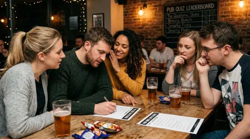 Quizmaster hosting a pub quiz night with teams answering pub quiz questions on paper score sheets