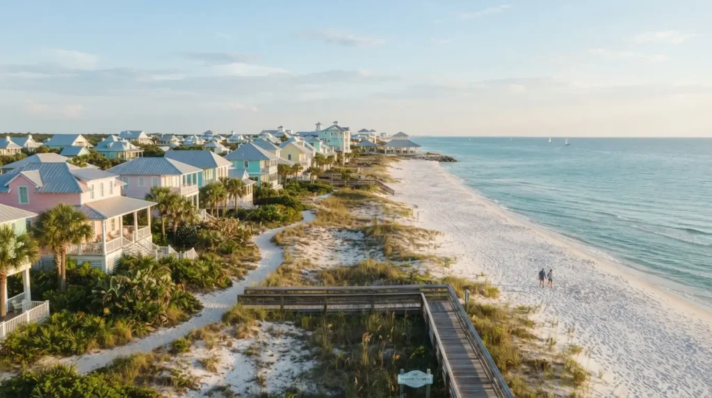 Quiet Florida beach towns with white sand shoreline, calm Gulf waters, and peaceful coastal scenery.