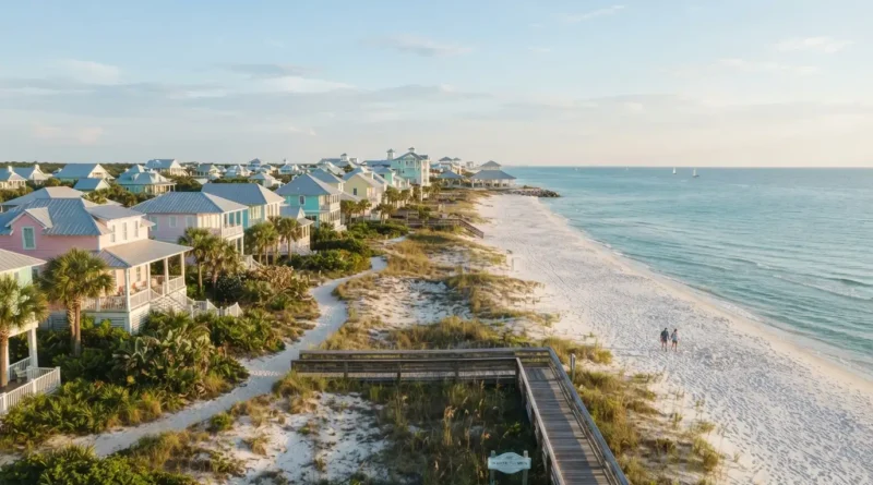 Quiet Florida beach towns with white sand shoreline, calm Gulf waters, and peaceful coastal scenery.