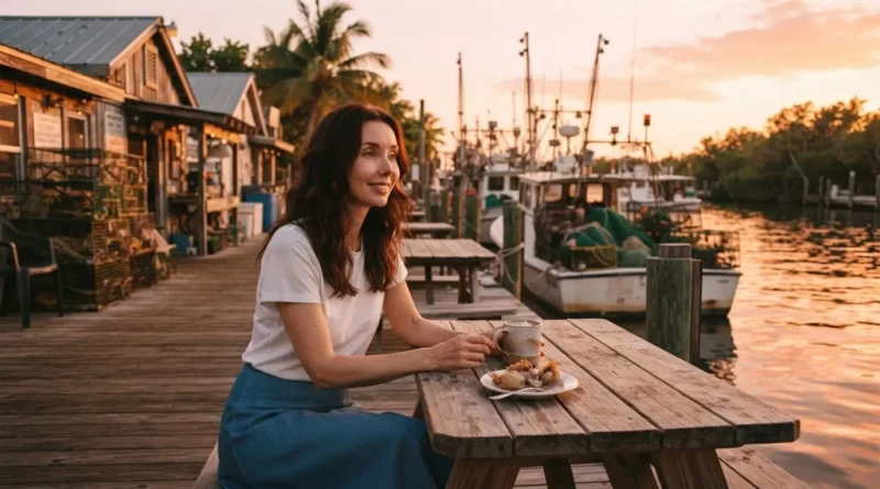 Dockside seafood restaurant on Stock Island Key West at sunset with fishing boats