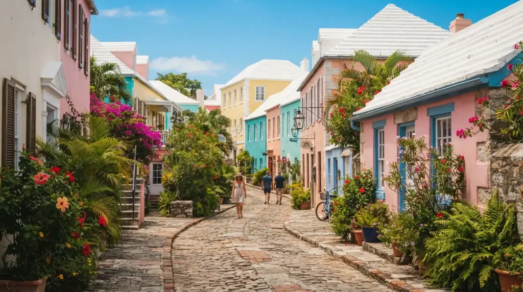 Historic St George Bermuda waterfront with pastel buildings, colonial landmarks, and boats near King’s Square