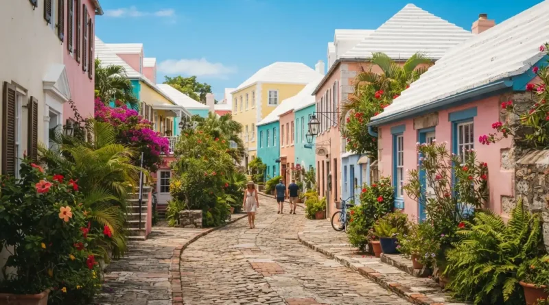 Historic St George Bermuda waterfront with pastel buildings, colonial landmarks, and boats near King’s Square