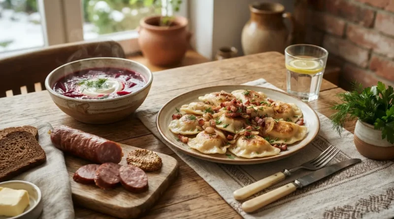 Plate of traditional Polish food featuring pierogi, bigos, and kotlet schabowy served with sour cream