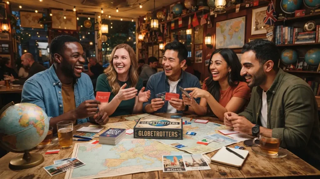 Group playing travel trivia questions quiz night game with world map and landmark cards spread on table