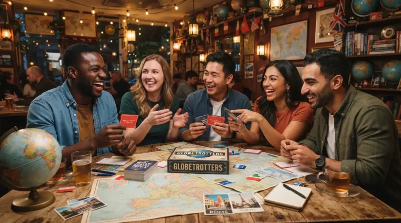 Group playing travel trivia questions quiz night game with world map and landmark cards spread on table