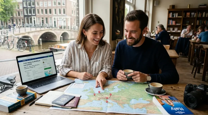 Two week European vacation itinerary map showing London, Paris, Prague, Budapest, and Rome route