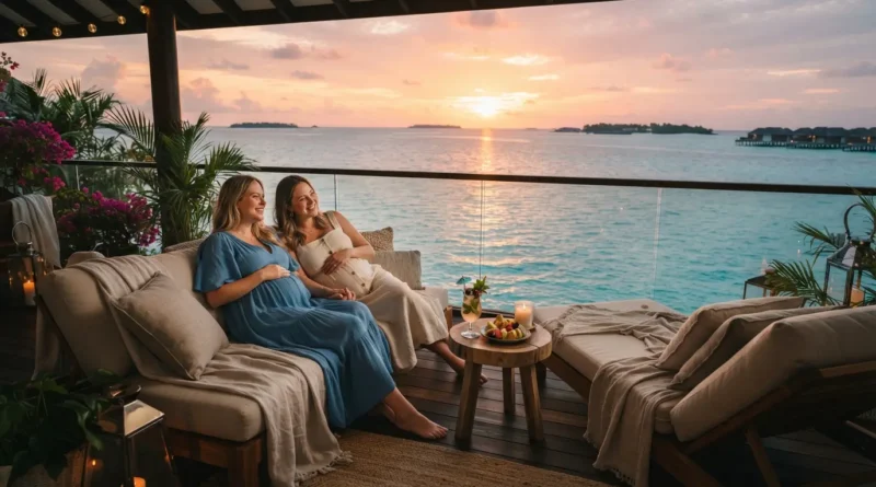 Expecting couple enjoying a relaxing babymoon vacation at a luxury beach resort before their baby arrives.