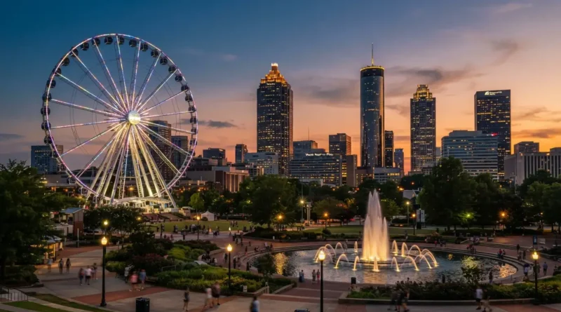 Atlanta Georgia attractions showing Centennial Olympic Park with downtown skyline