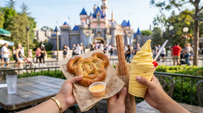 Best food at Disneyland 2026 guide showing Dole Whip, corn dog, and Monte Cristo sandwich